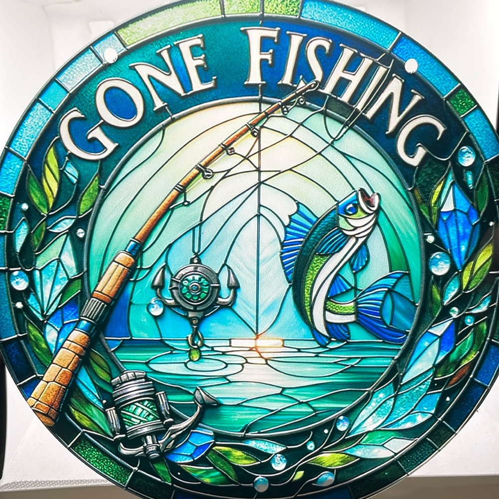 Acrylic Suncatcher GONE FISHING Decorative Window Sign Faux Stained Glass Gifts